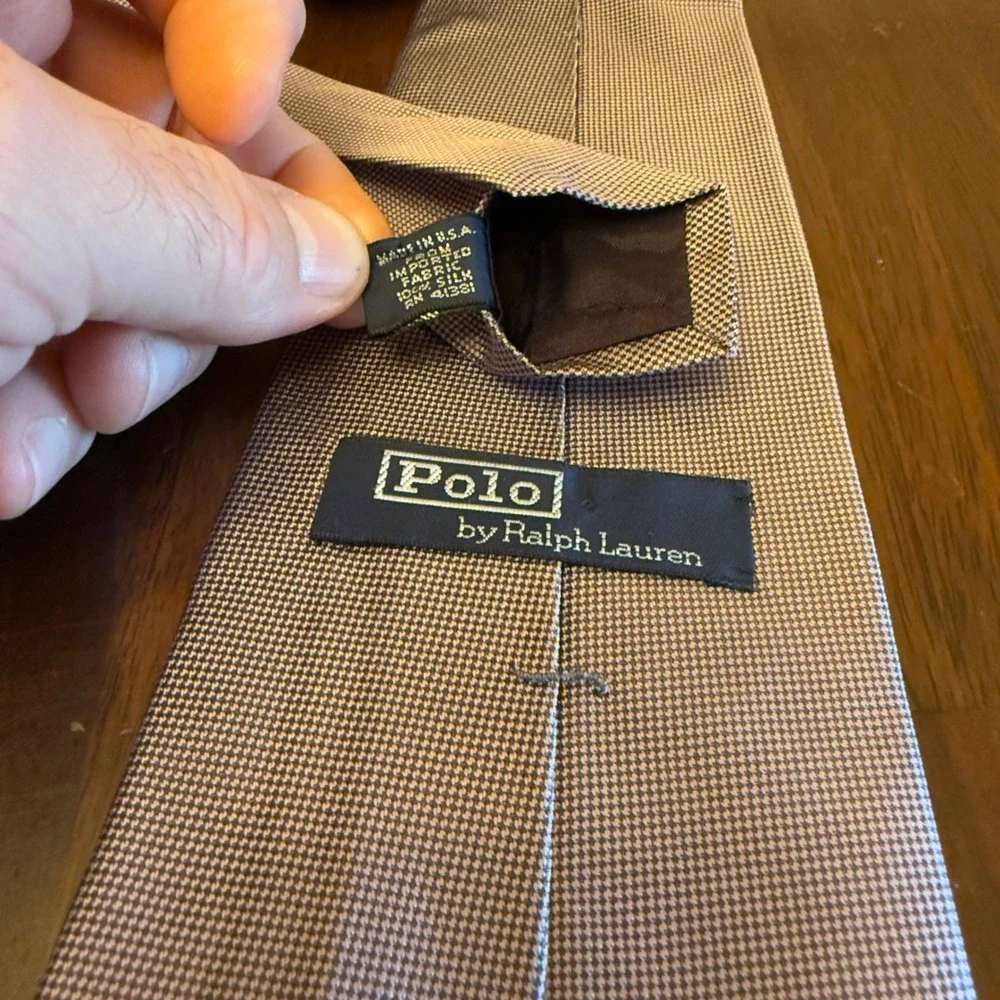 Polo Ralph Lauren‎ Mens Silk Tie Tan Purple Micro Check Pony Logo Made in USA